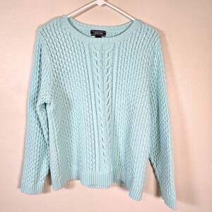 Lands End Drifter Cable Knit Sweater Women's XLP Aqua Cotton Classic Coastal